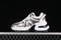 Side view of white GCDESIGN chunky sneakers with silver and burgundy accents
