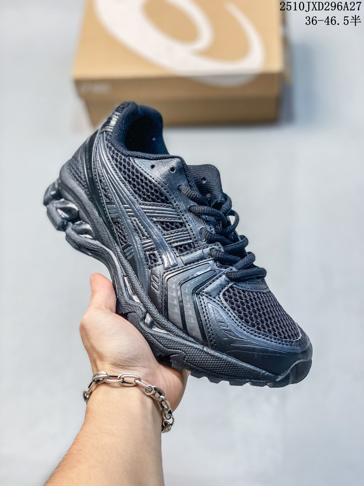 All-black mesh running sneaker with layered overlays.
