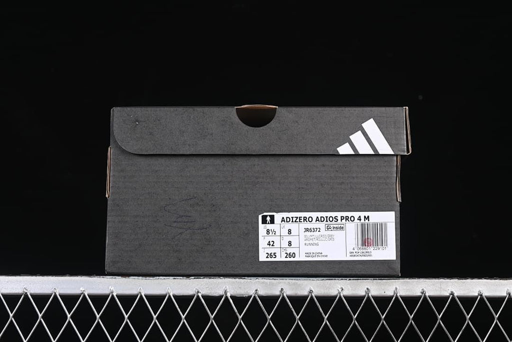 Shoe box label showing Adizero Adios Pro 4 M, JR6372 and sample size information