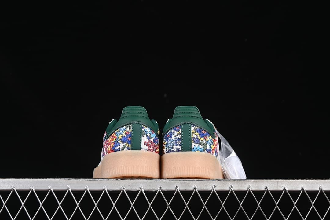 Rear view of the pair with floral-patterned heel panels and gum-toned soles.