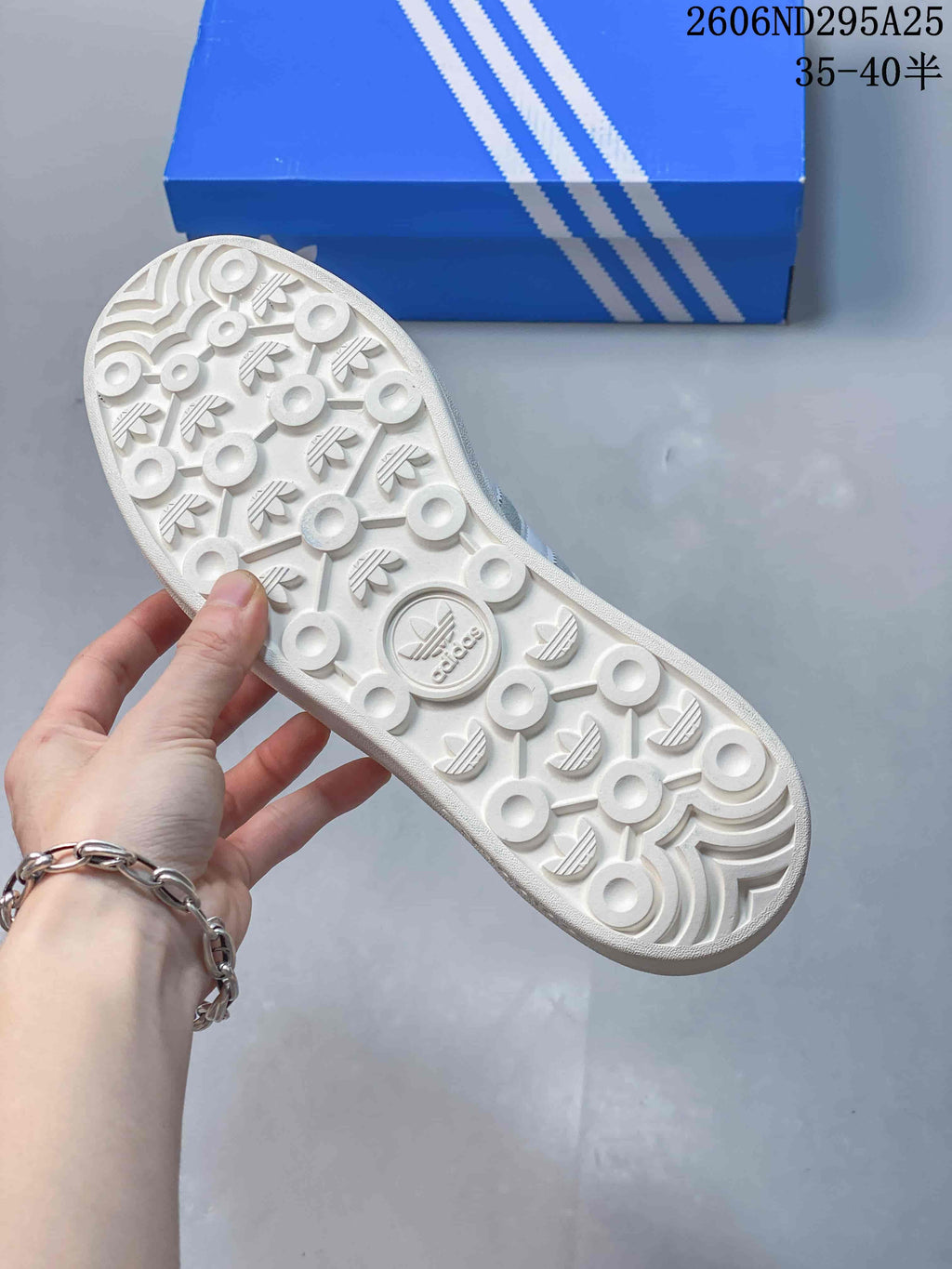 Outsole view of a Gazelle Bold platform sneaker showing a patterned white sole.
