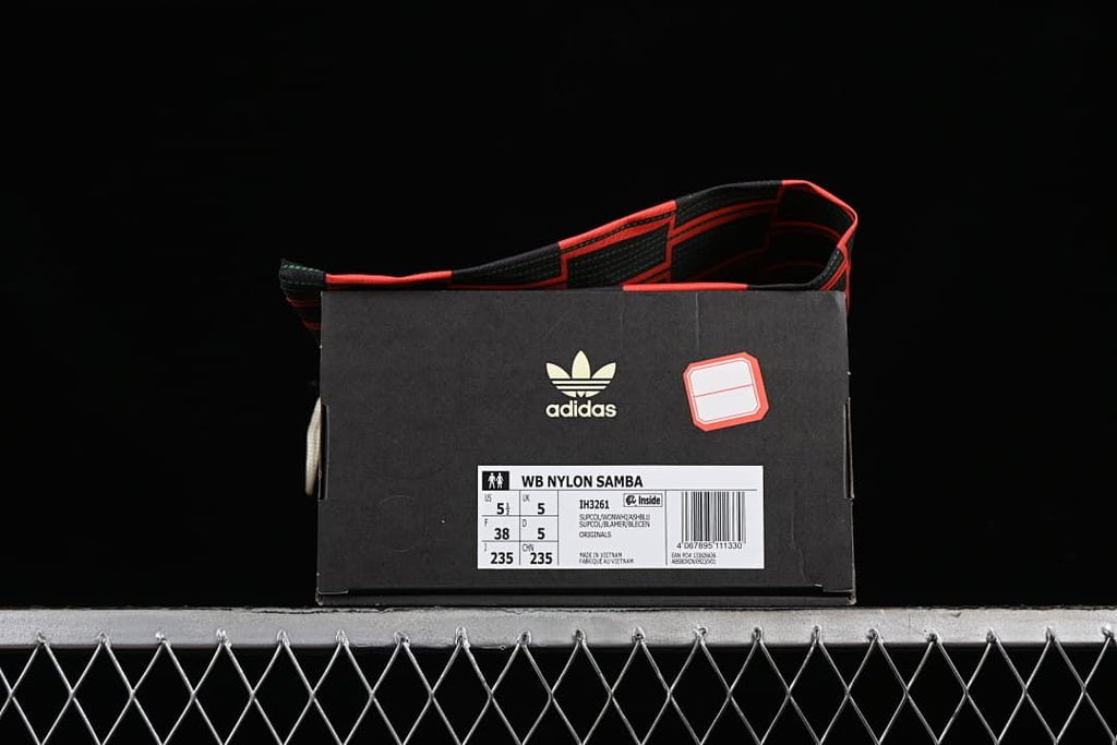 Shoe box label showing WB Nylon Samba, model IH3261, and sample size markings