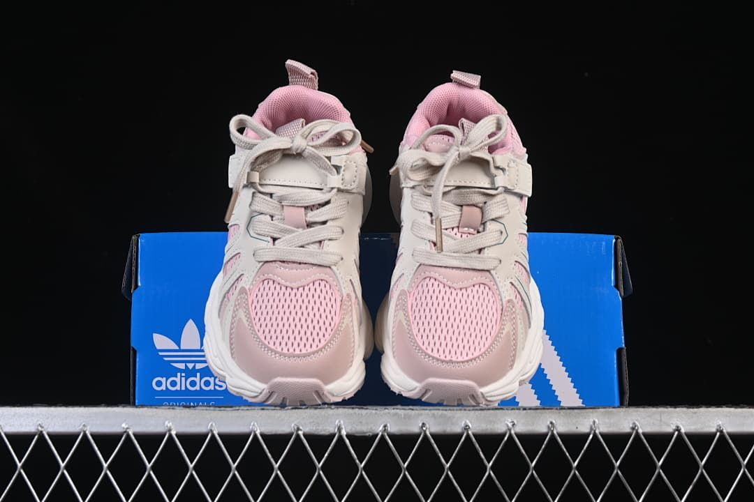 Front view of the pair with pink mesh-look toe panels