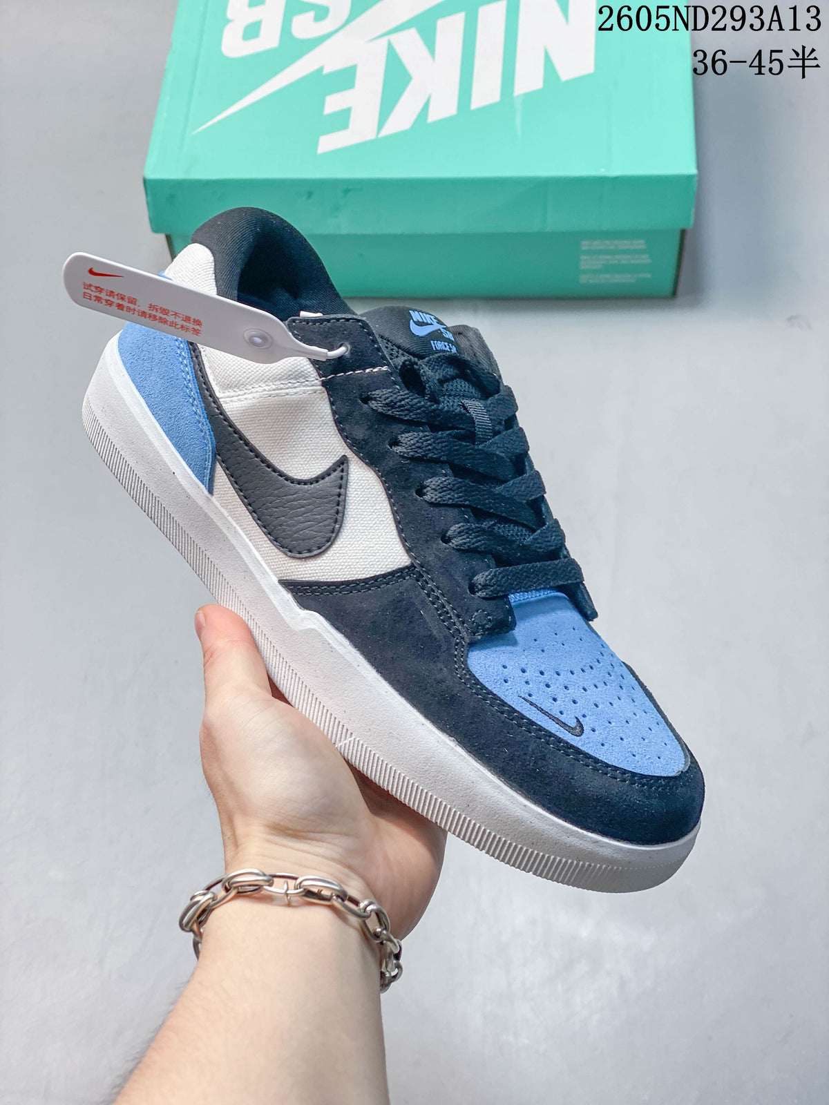 Navy and blue Nike SB Force 58 shoe with white side panel and perforated toe