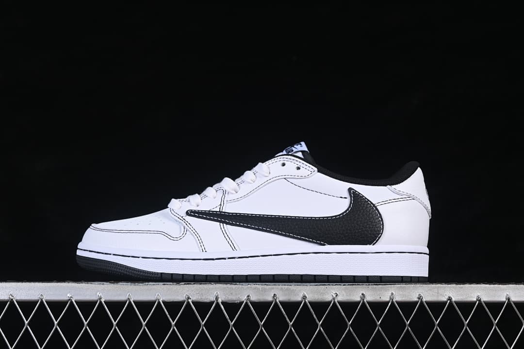 Side profile of a white low-top sneaker featuring a black Swoosh and black outsole.