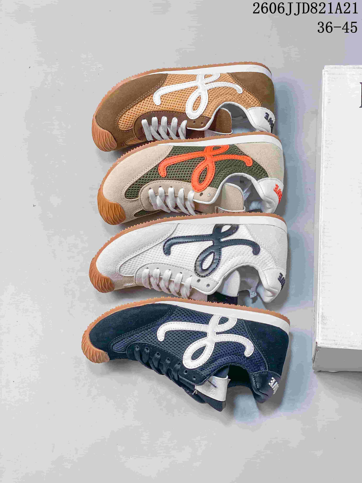 Four color combinations of retro-style mesh sneakers arranged side by side