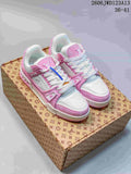 Pink and white Louis Vuitton Trainer low-top sneakers shown on a patterned box; image text shows code 2606JWD123A13 and sizes 36–41.