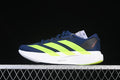 Side view of navy Adidas Adizero Evo SL running shoes with lime stripes and a white midsole.