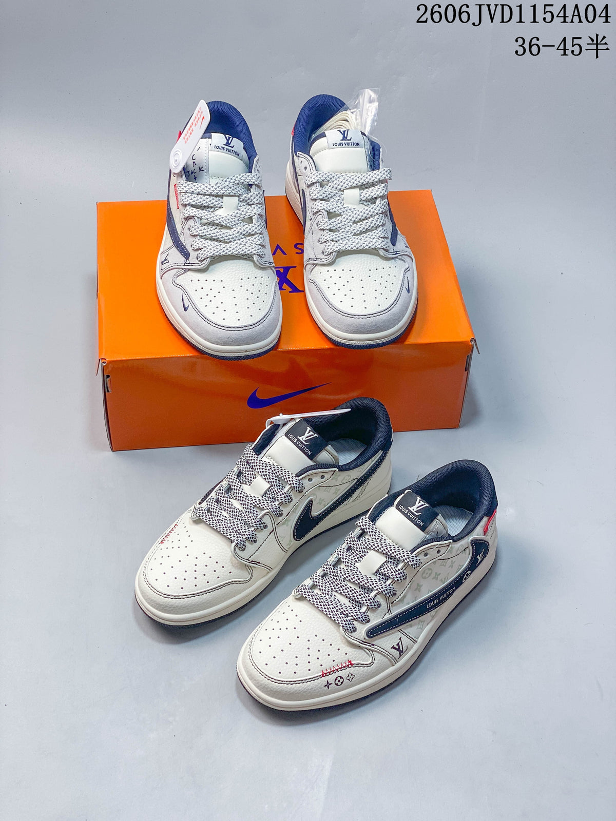 Multiple views of white low-top sneakers with blue accents and patterned laces.