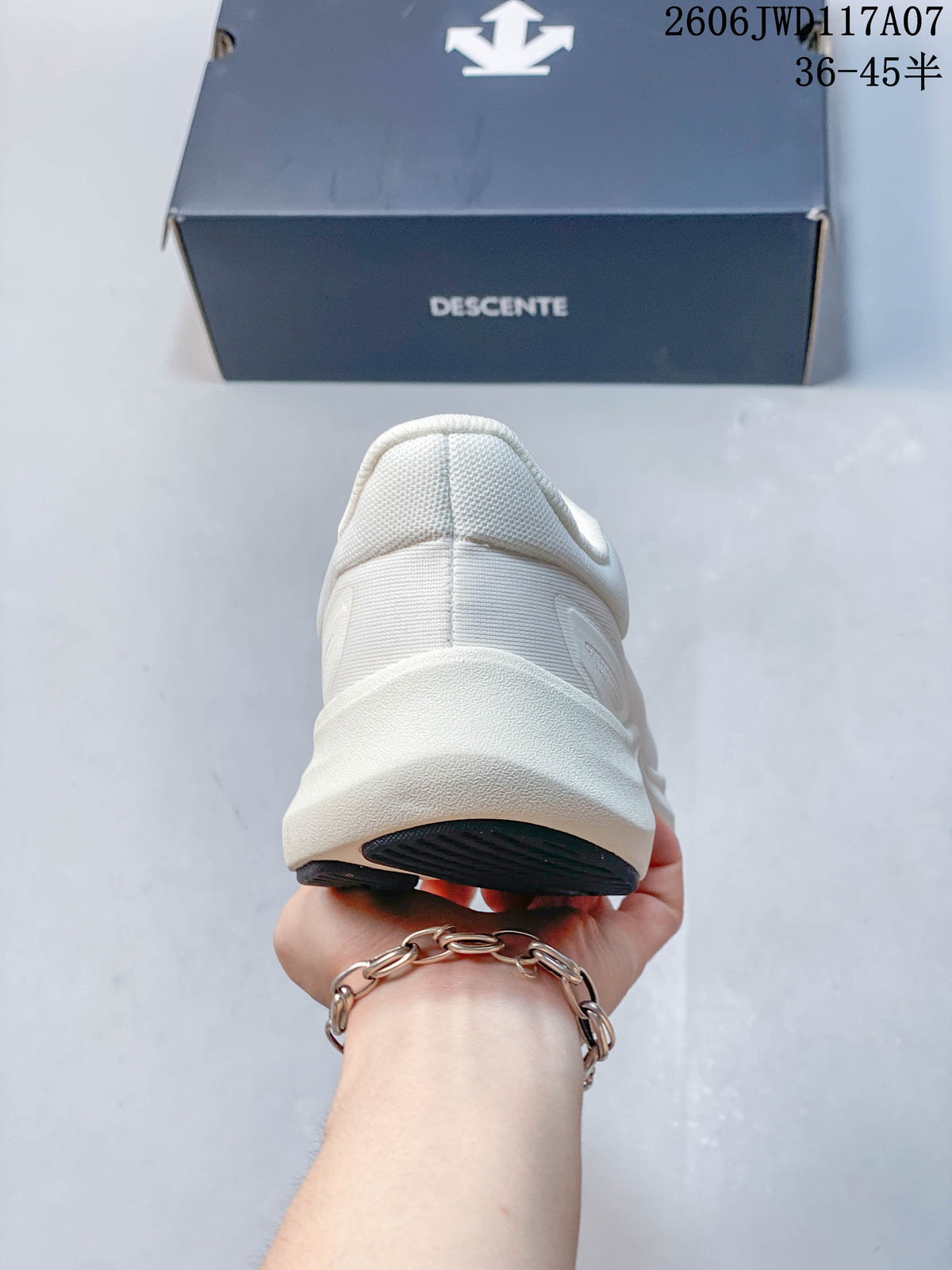 Rear view showing the heel and raised midsole of a white running shoe