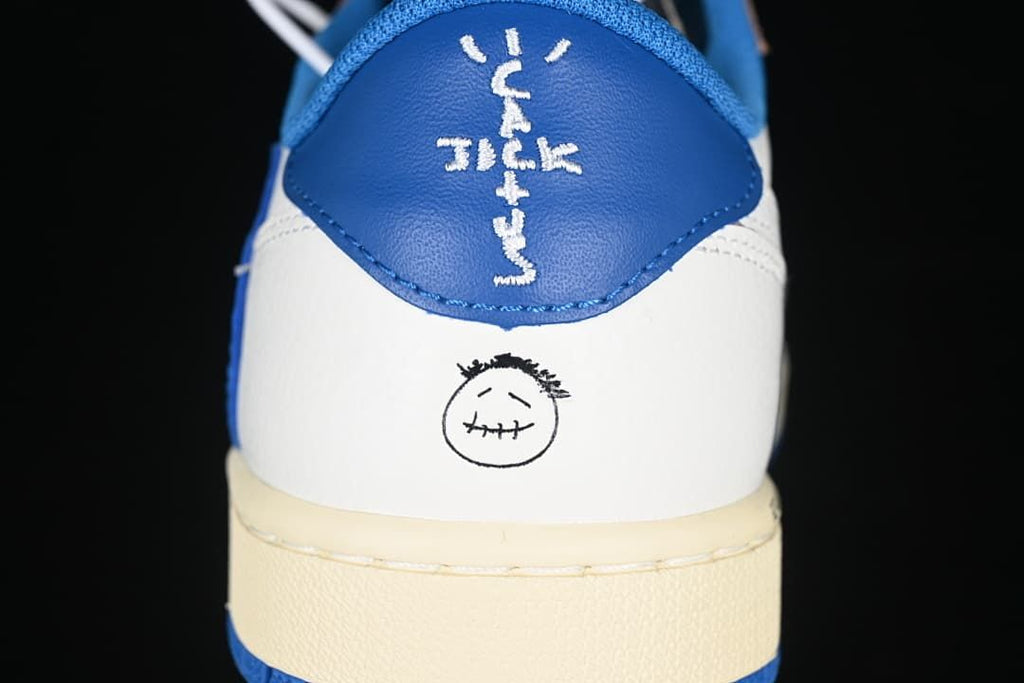 Heel view showing blue heel panel and graphic details