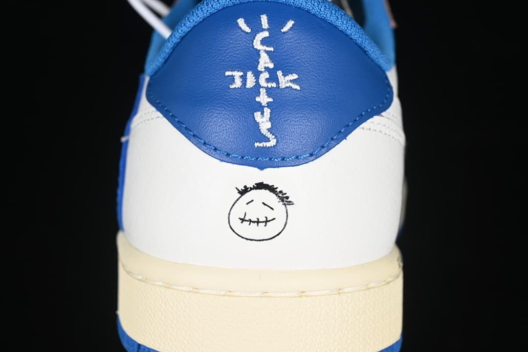 Heel view showing blue heel panel and graphic details
