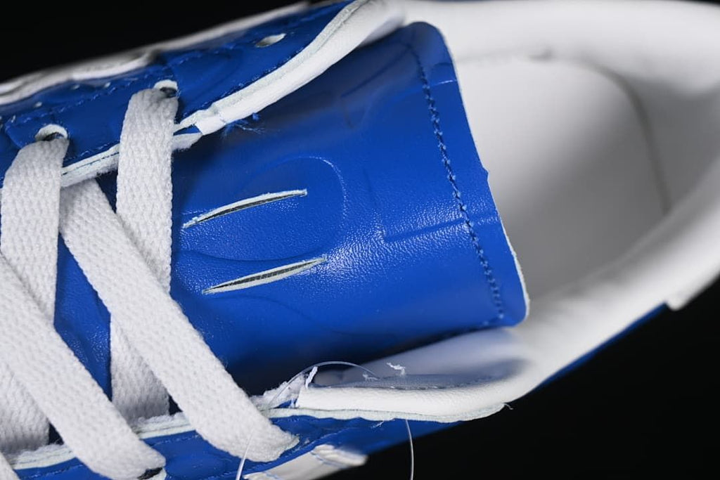 Close-up of blue tongue and white laces
