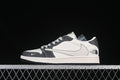 Side view of an off-white and dark gray low-top sneaker with a large Swoosh and co-branded heel detail.