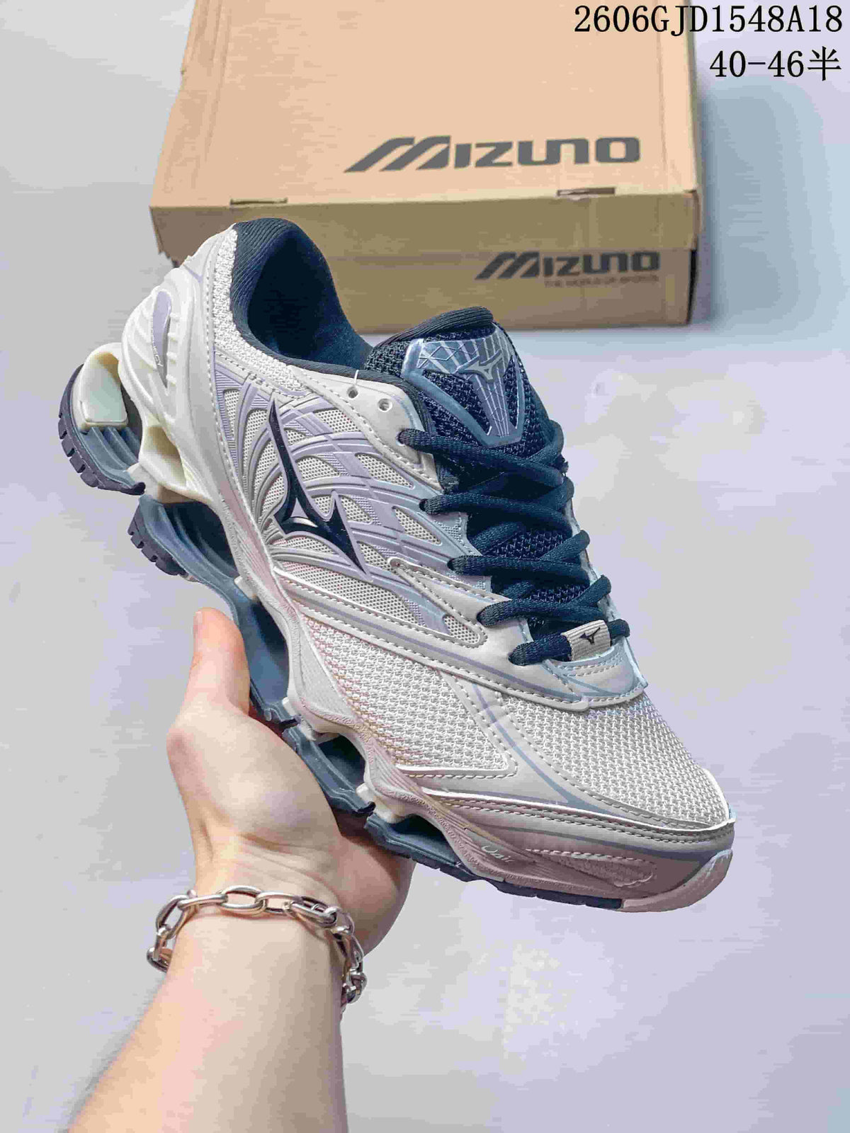 White and gray Mizuno Prophecy 8 running shoe with dark navy laces