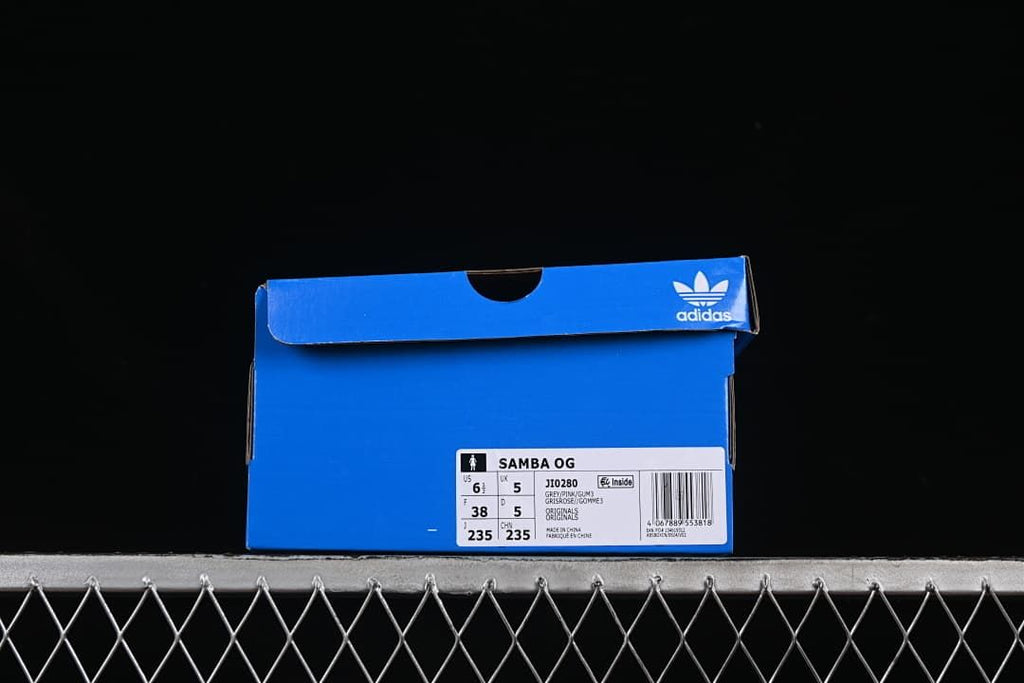 Blue adidas shoe box label identifying Samba OG, JI0280, and sample sizing