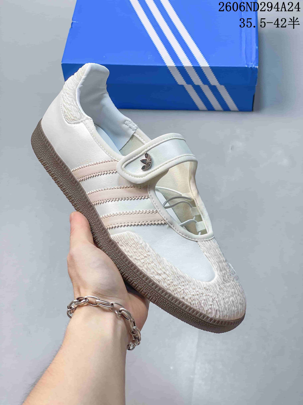 White adidas Samba Jane sneaker with pale pink stripes and textured toe