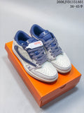 Pair of blue and white patterned low-top sneakers displayed on an orange box