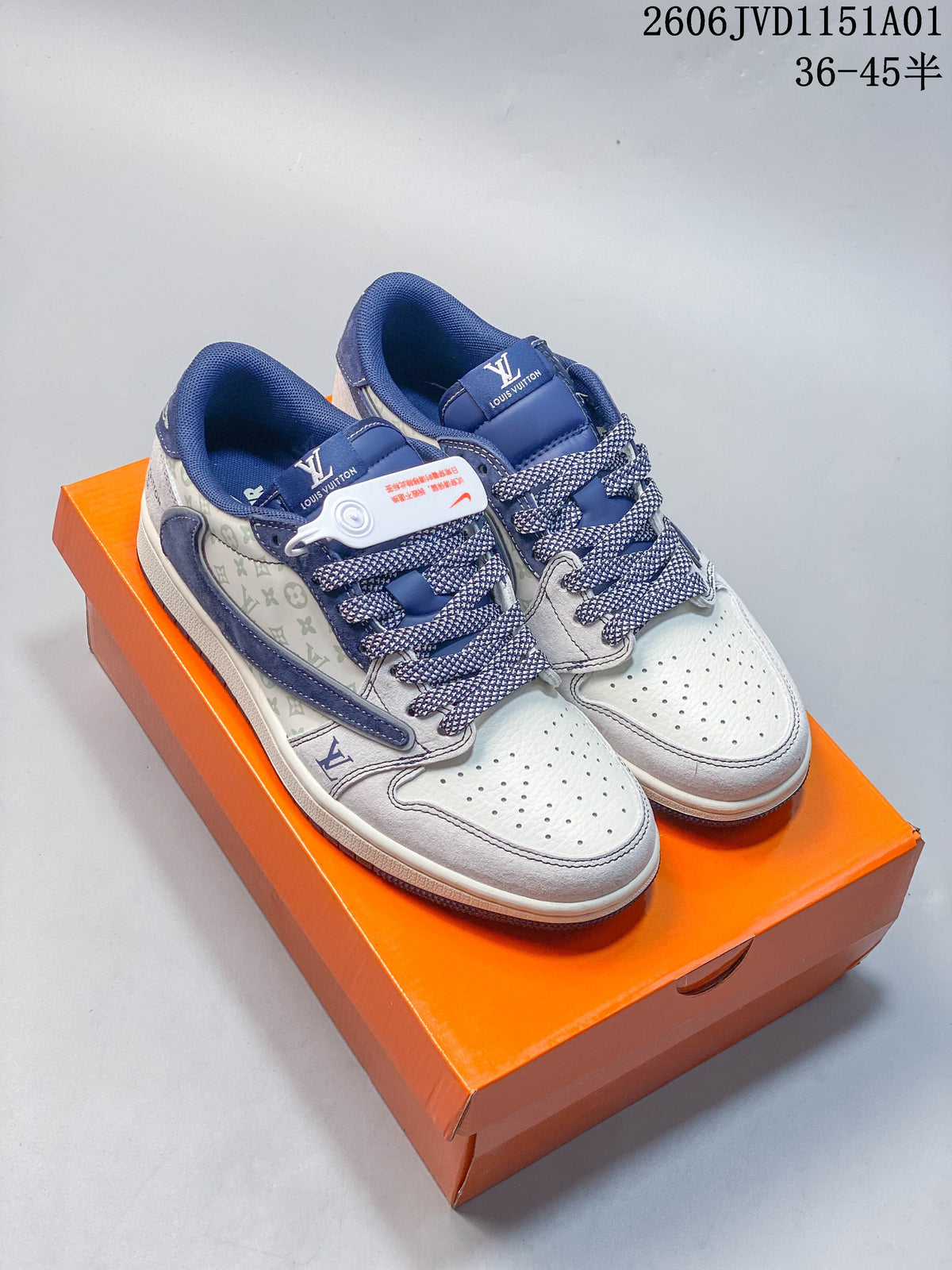 Pair of blue and white patterned low-top sneakers displayed on an orange box