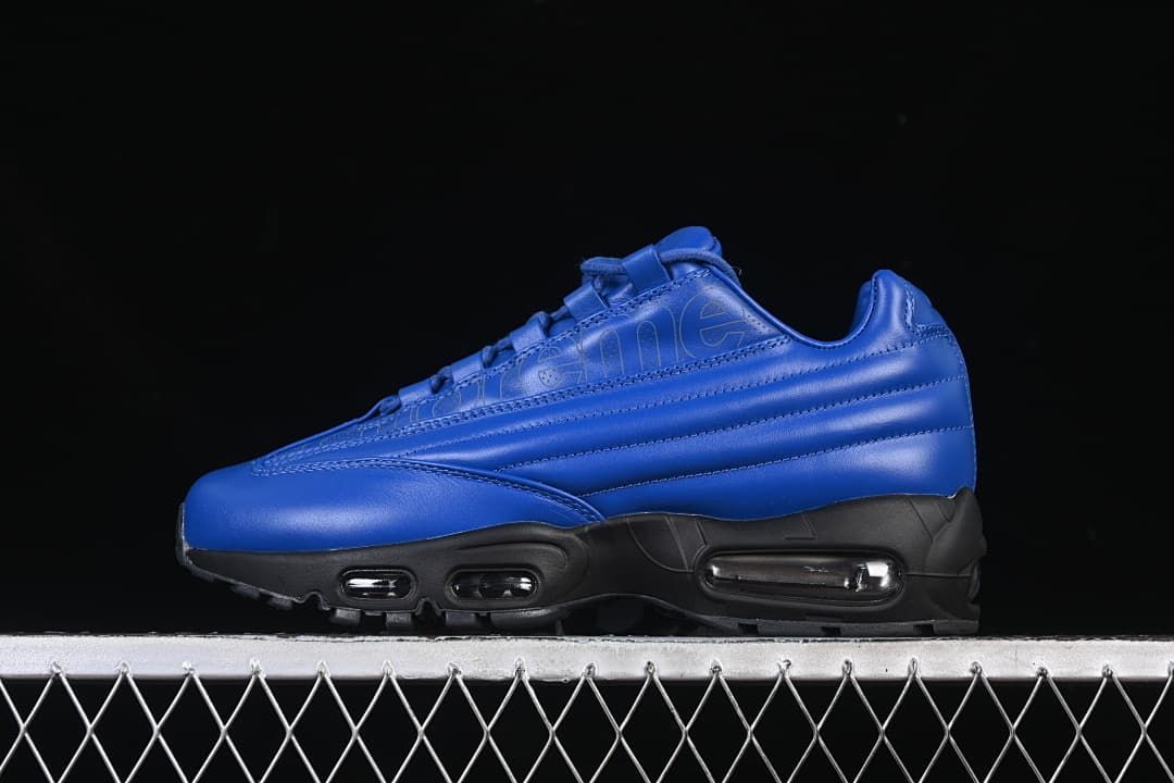 Side view of a blue Nike Air Max 95 Lux x Supreme sneaker.