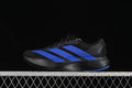 Side view of a black Adidas Adizero Evo SL shoe with blue stripes.