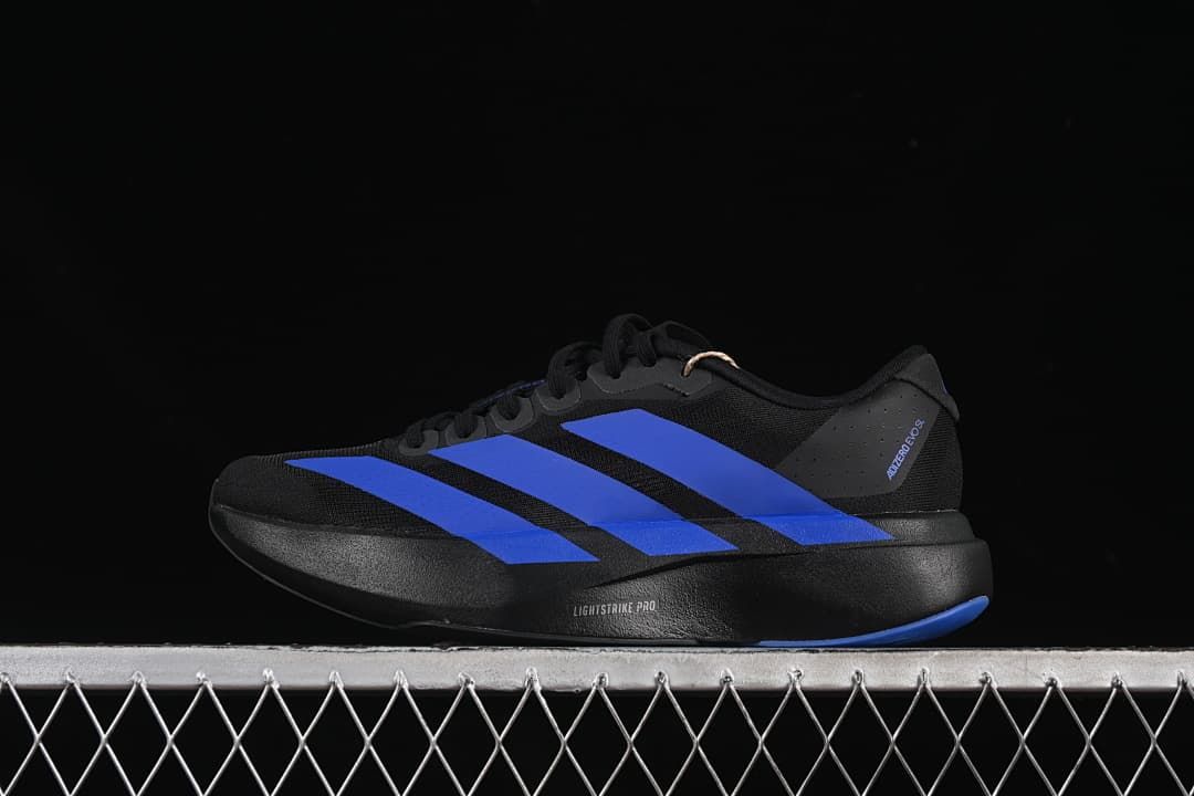 Side view of a black Adidas Adizero Evo SL shoe with blue stripes.