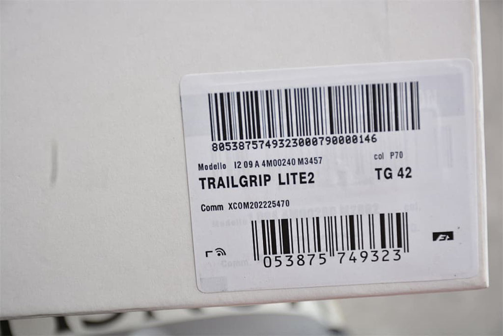 Shoe box label identifying the Trailgrip Lite2 and showing sample size TG 42.