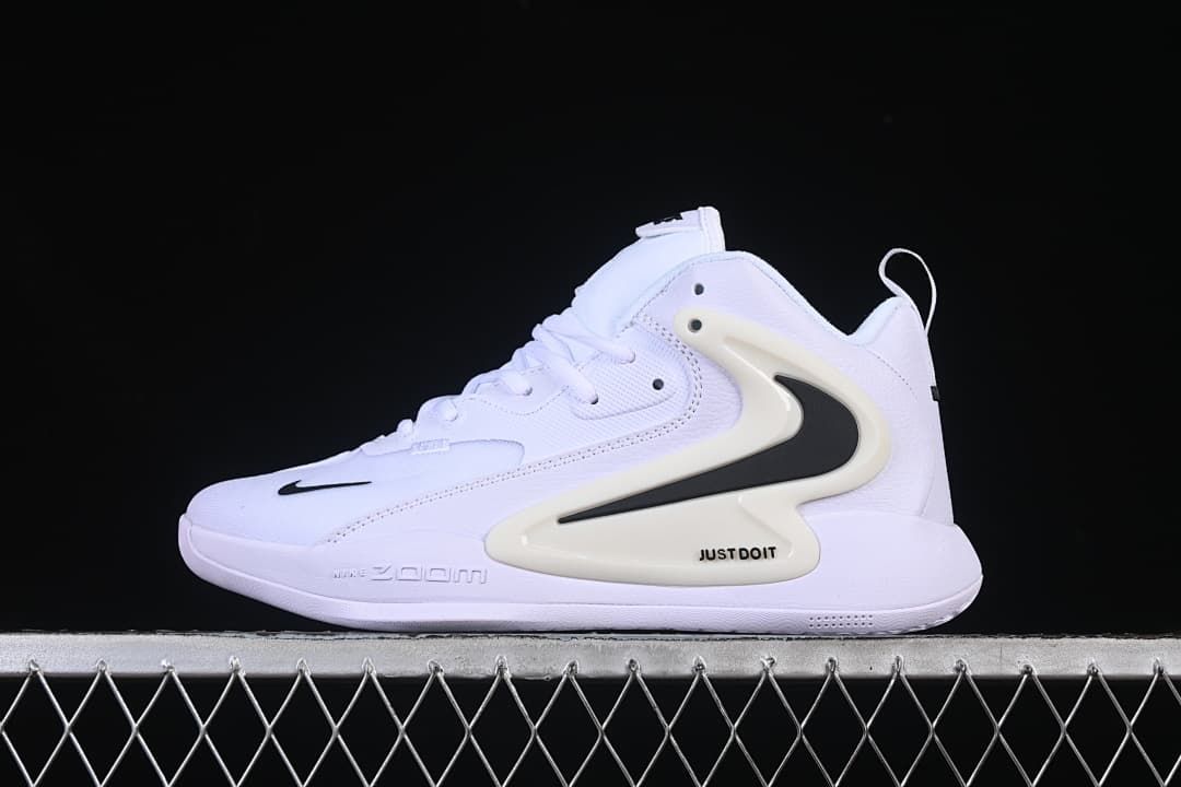 Side view of a white Nike Zoom HyperSet 2 SE shoe with black and off-white accents.