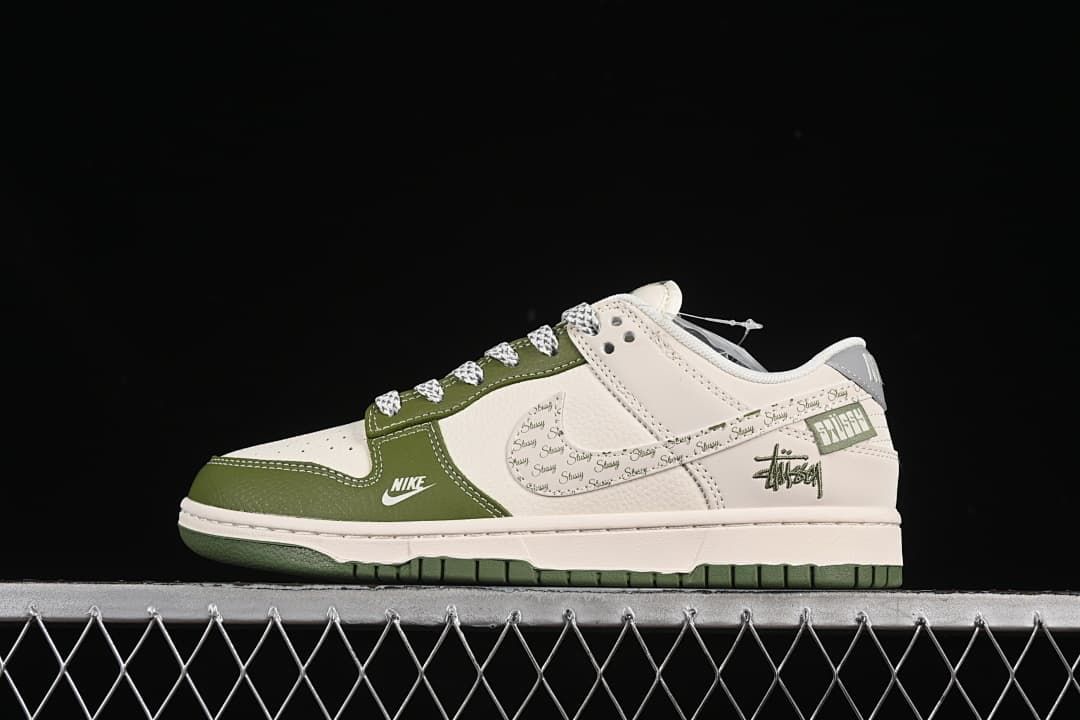 Side view of an olive green and off-white Nike SB Dunk Low with repeating script on the Swoosh.