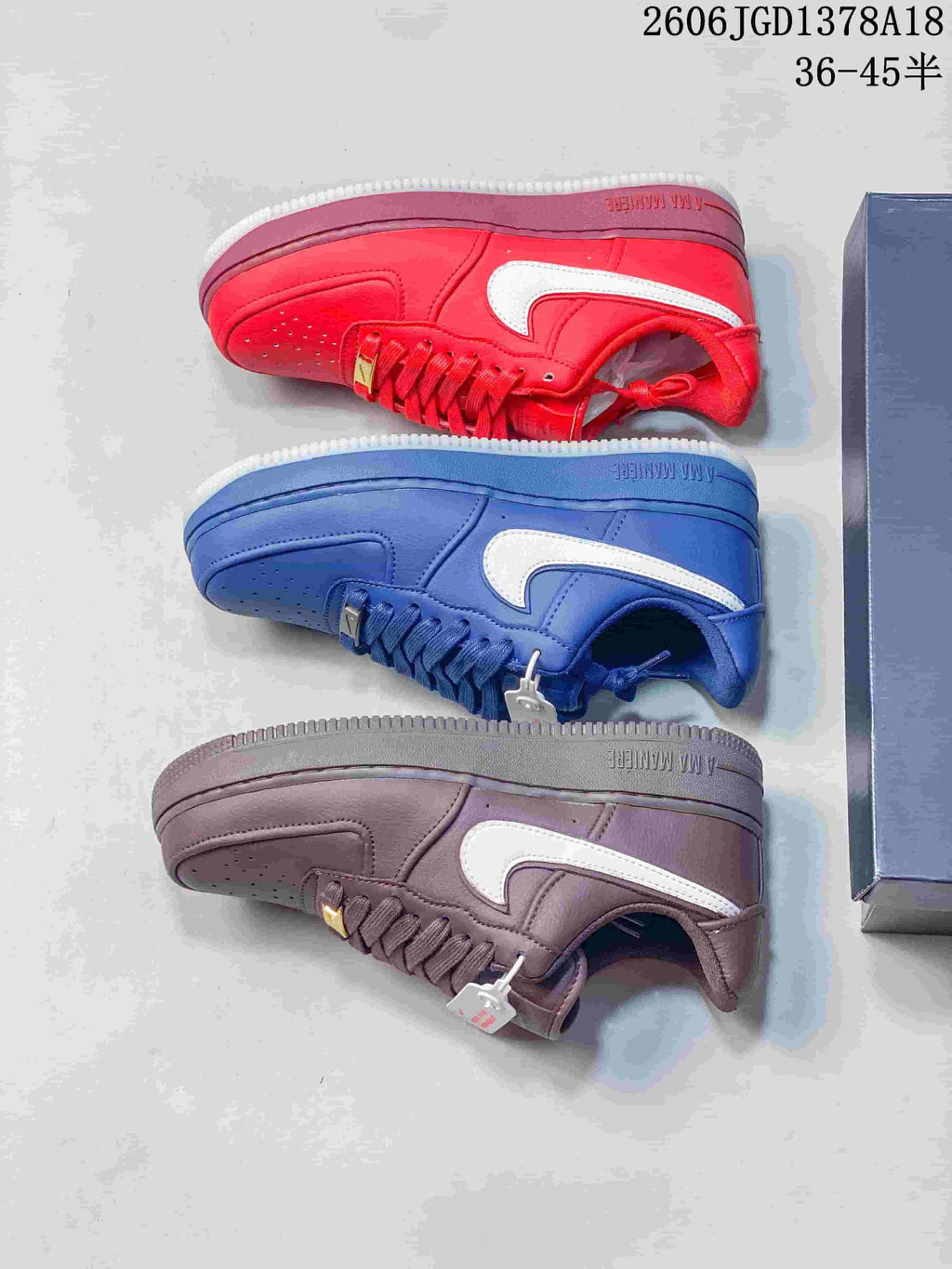 Overhead view of red, blue, and mauve Air Force 1 sneakers