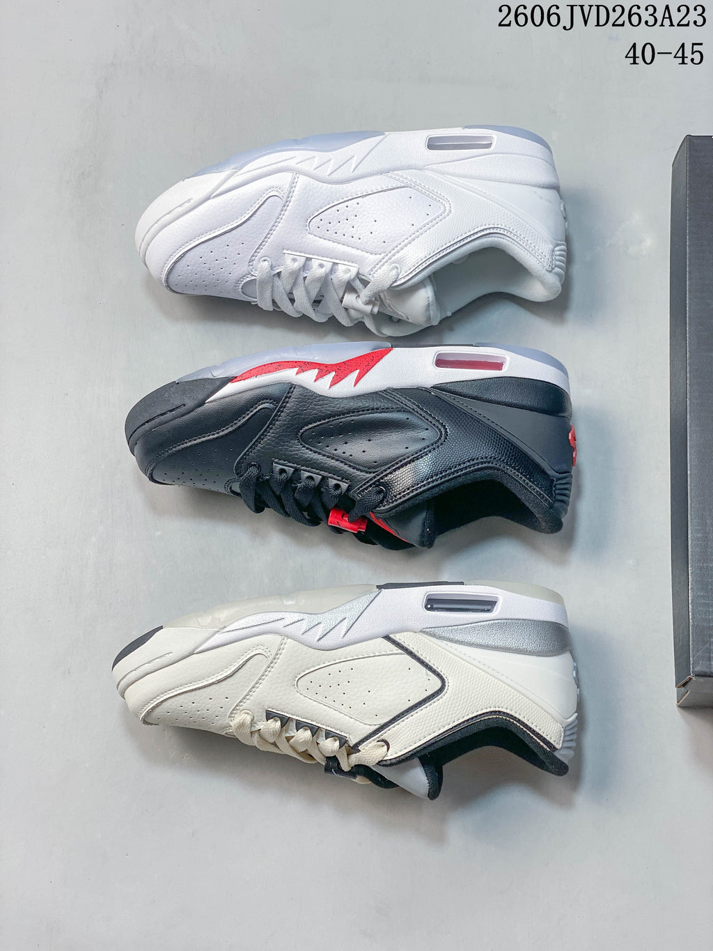 Jordan Sixty Plus Low sneakers shown in white, dark gray with red accents, and off-white colorways.