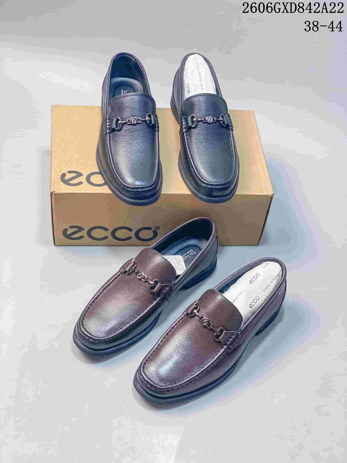 Black and brown slip-on bit loafers shown together.