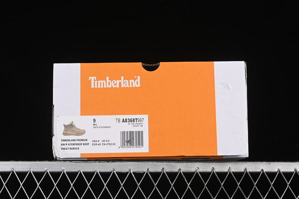 Timberland shoe box label identifying the Premium 6-inch waterproof boot, wheat nubuck, and sample size.