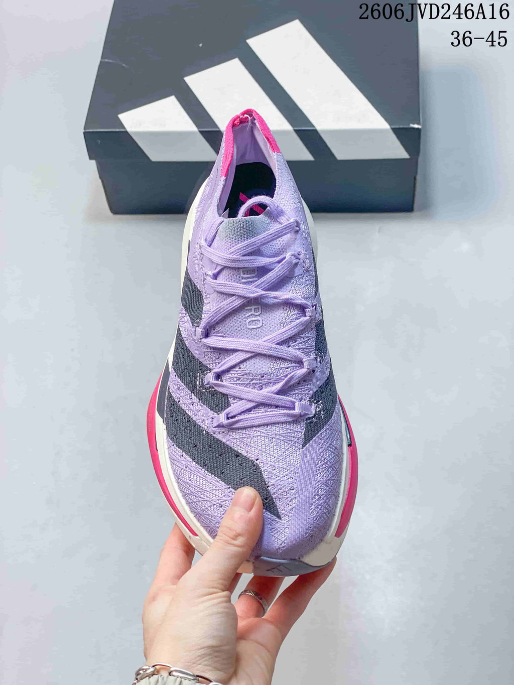 Top view of a lavender running shoe with dark stripes and crisscrossing laces