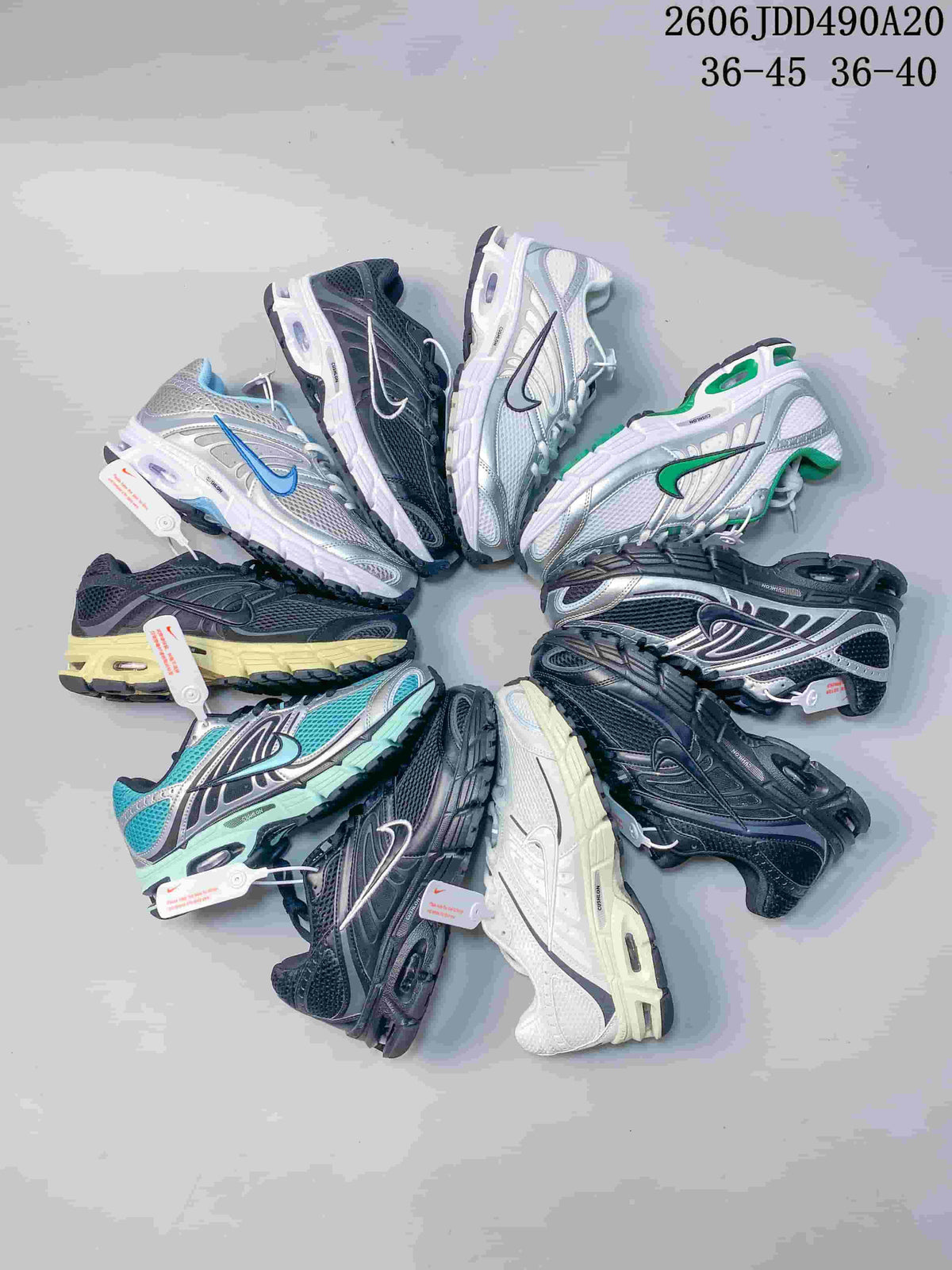 Assorted Nike Air Max Moto 2K colorways arranged in a circle