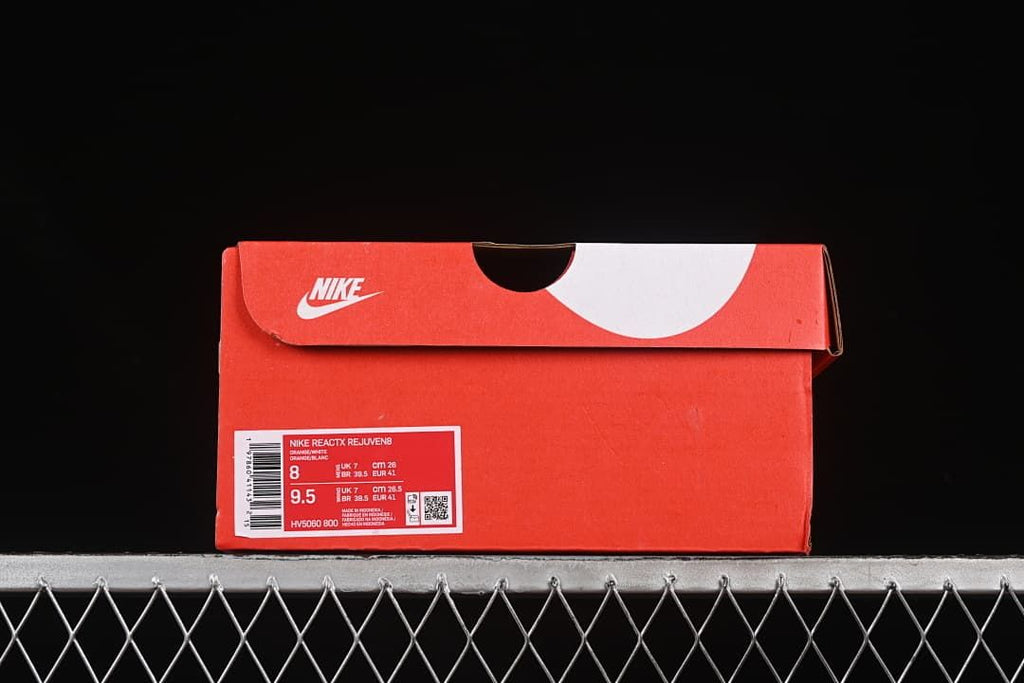 Shoe box label identifying Nike ReactX Rejuven8 and style code HV5060-800, with sample sizing