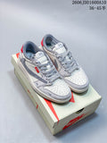 Pair of off-white and grey low-top sneakers with patterned laces and red heel accents on a shoebox.