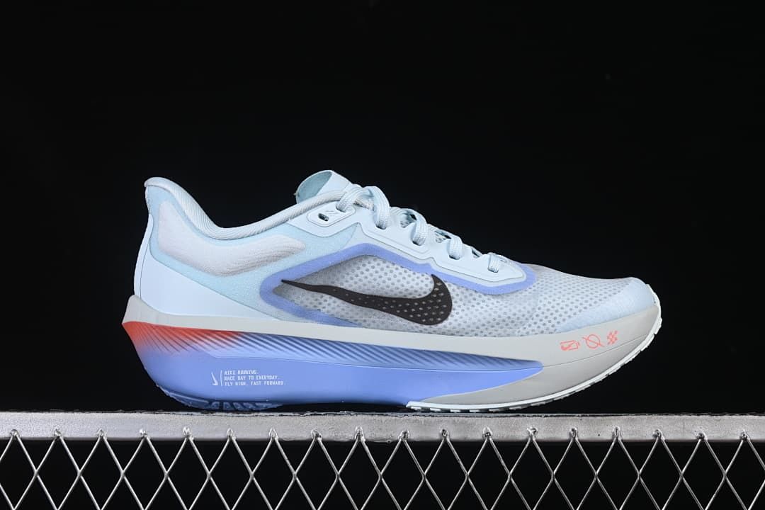 Outer side profile of the running shoe with black Swoosh and violet sole.