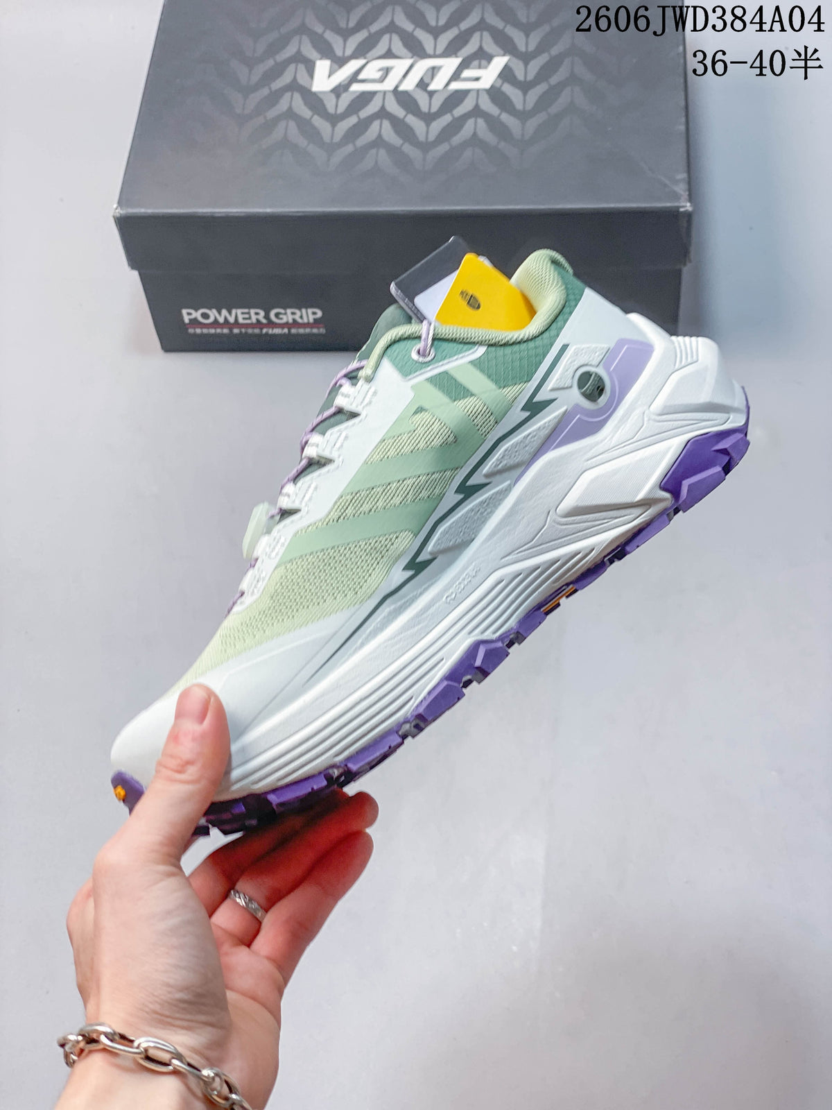 Side view of a mint green Kailas Fuga EX3 trail shoe with a dial-adjustment lace system