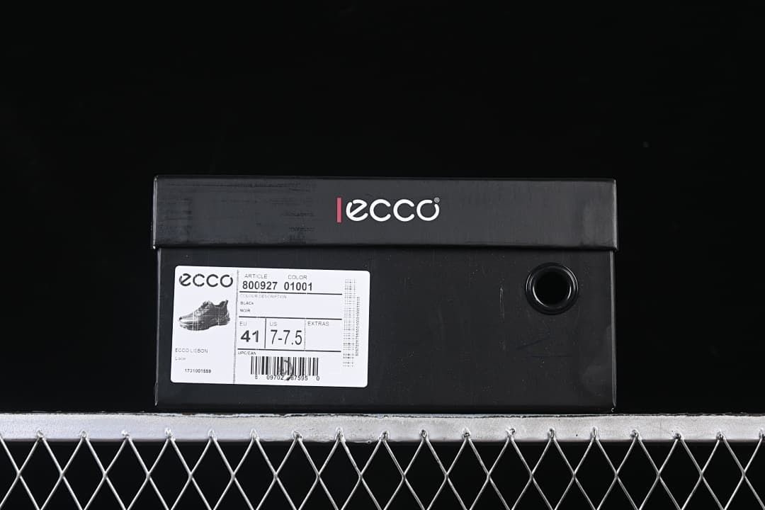 ECCO shoe box label showing article 800927, color 01001, and EU size 41