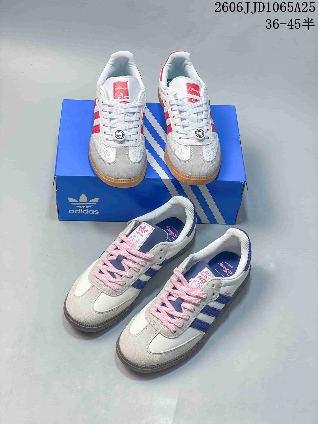 Two pictured sneaker designs: white pairs with red or blue stripes and character-themed details