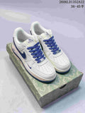Pair of white and blue Nike Air Force 1-style sneakers on a patterned box; image text shows style code 2606LD1352A22 and size range 36–45.5.
