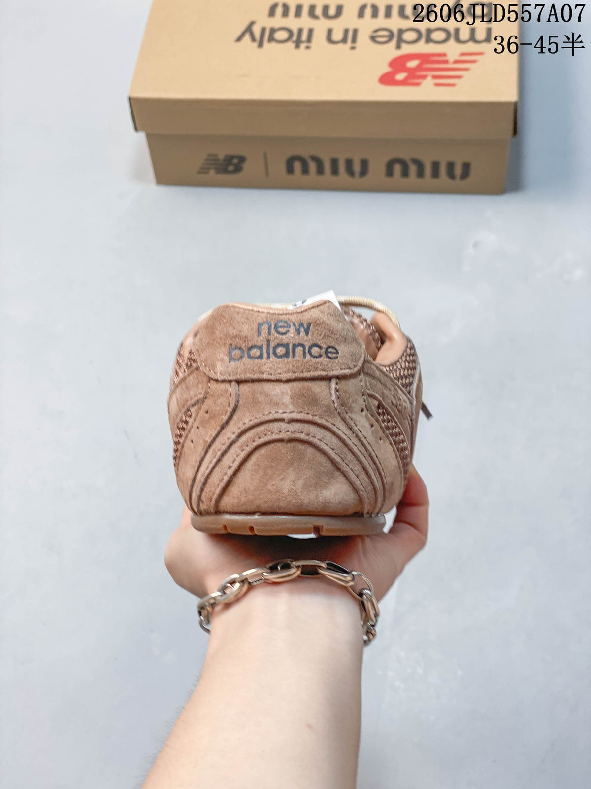 Rear view of the brown-toned sneaker showing the New Balance heel logo.