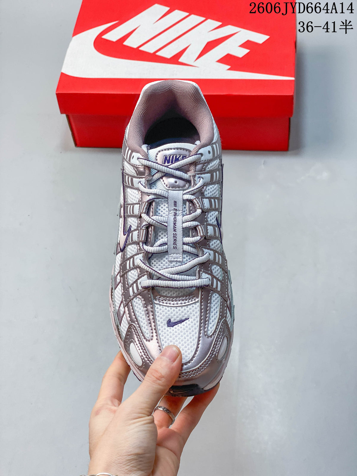 Top view of the Nike P-6000 laces, tongue, and layered upper