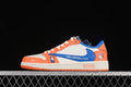 Side view of an orange, white, and blue low-top sneaker with Oklahoma City Thunder graphics