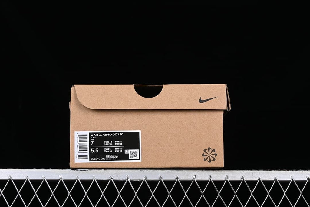 Shoe box label showing Nike Air VaporMax 2023 FK, black, and style code DV6840-001