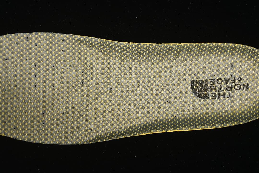 Close-up of the patterned insole with The North Face branding