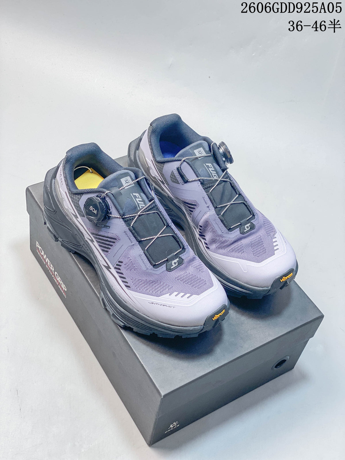 Pair of lavender and gray KAILAS FUGA EX3 hiking shoes with dial-adjustable lacing