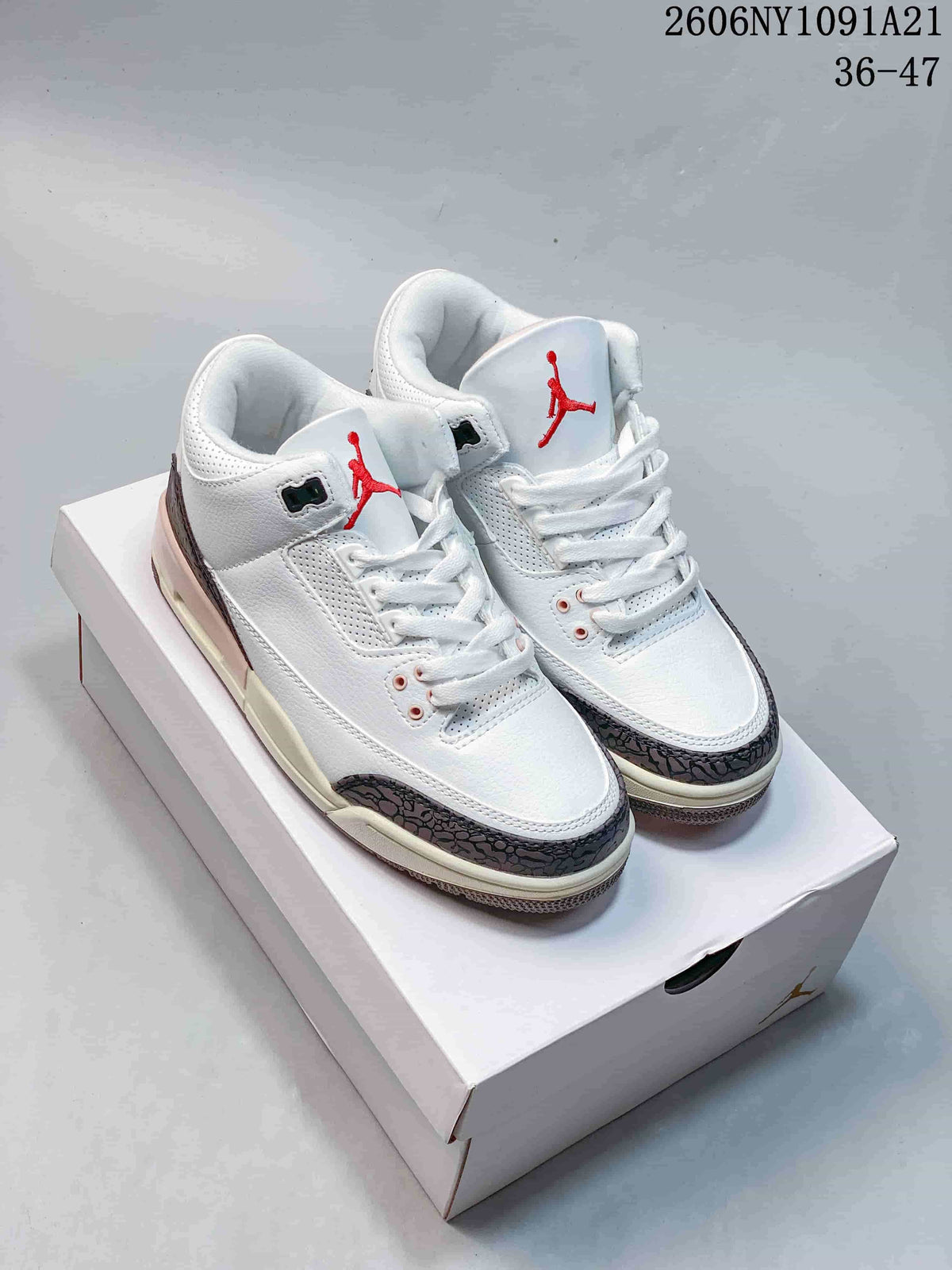 Pair of white Air Jordan 3 mid-top sneakers with dark patterned overlays and pale pink accents
