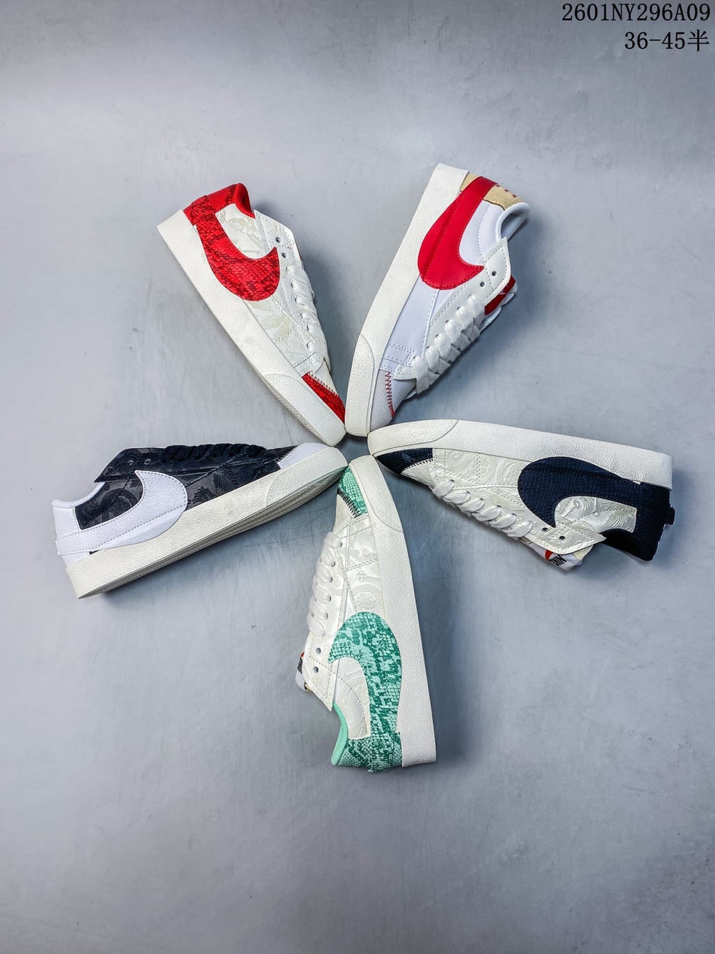 Several Nike Blazer Low '77 Jumbo colorways arranged together, showing patterned panels and oversized Swooshes.